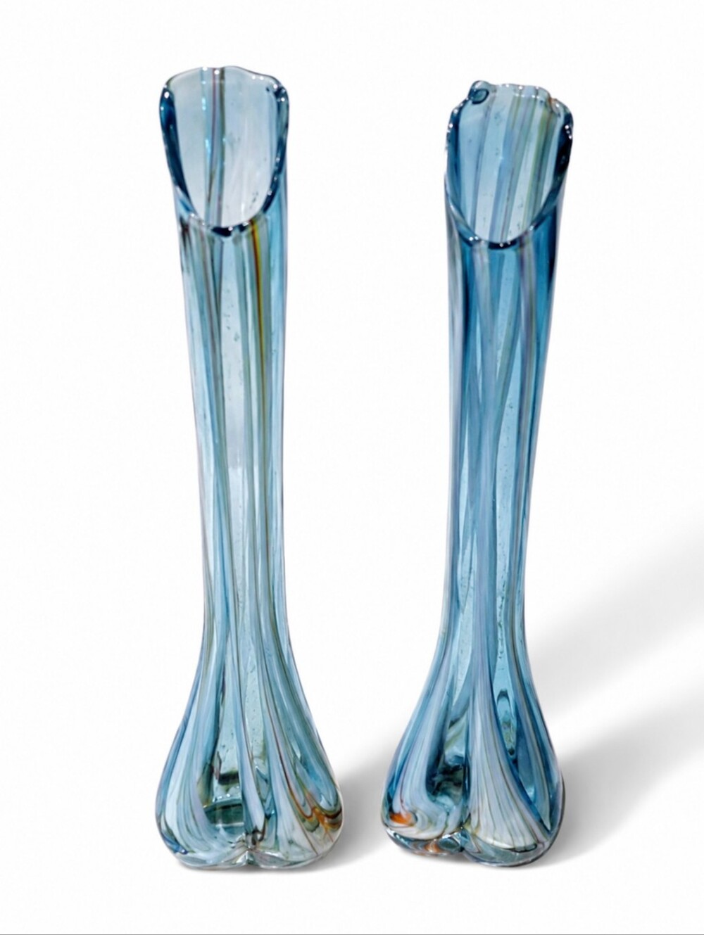 Vintage Japanese Swung Glass Vase Pair Blue Ribbon Stripe 11" MCM